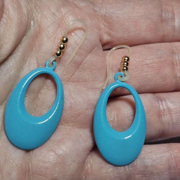 Unbranded Jewelry - Blue Enamel Metal Dangling Ovals With Gold Bead Accent Earrings